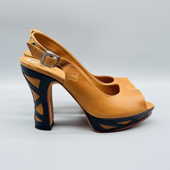 John Fluevog Shoes Womens 7.5 Brown Black Platform Slingback Peep Toe High Heels - Picture 1 of 12